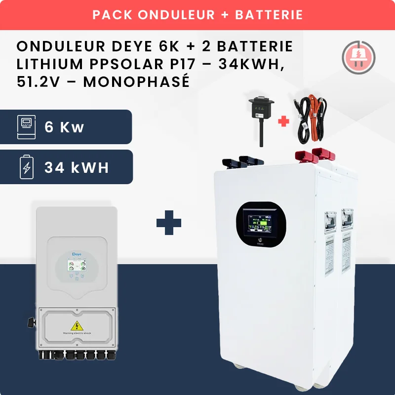 Pack Onduleur Deye 6K + 2 Batterie Lithium PPSOLAR P17 – 17kWh, 51.2V – Monophasé