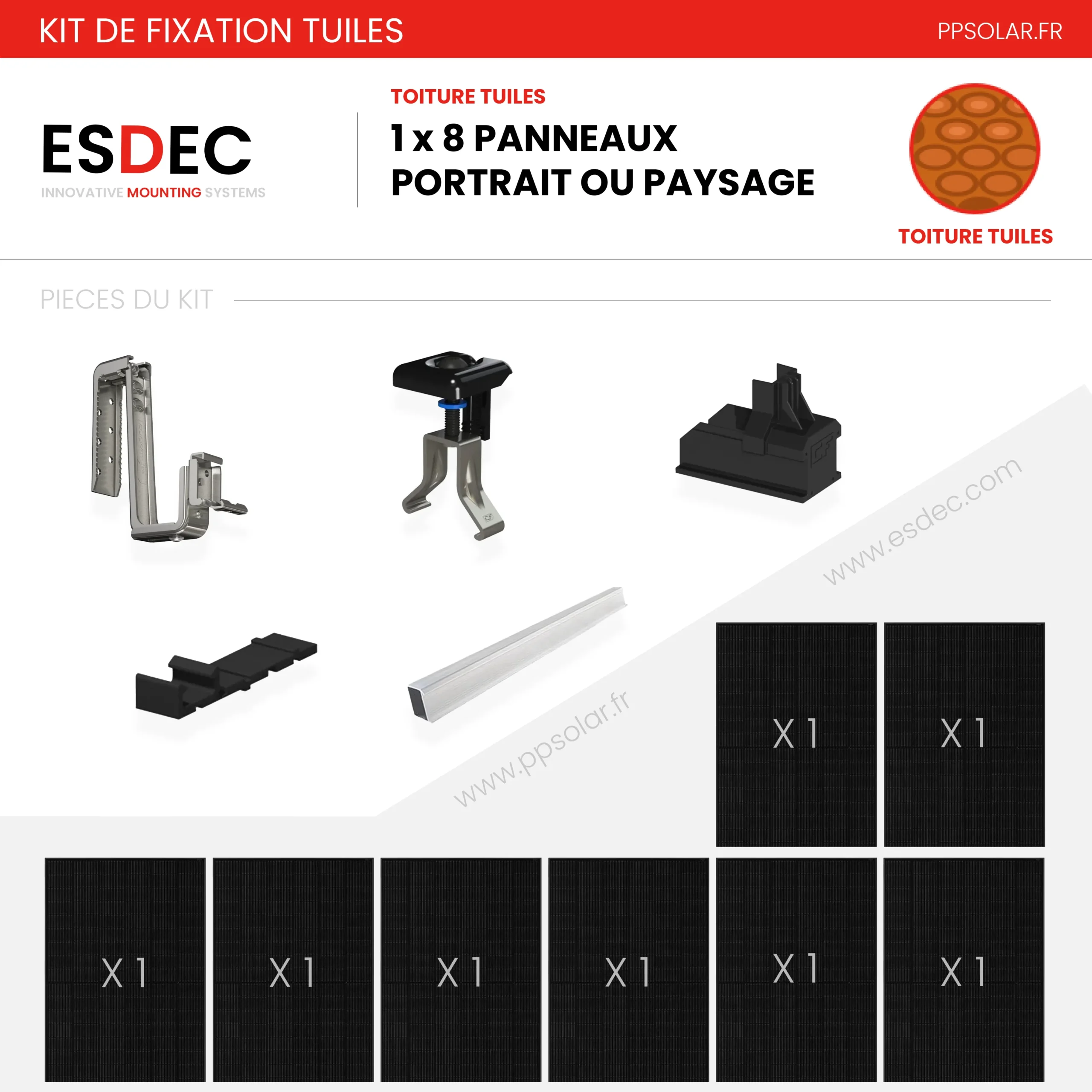 Kit de fixation tuiles – ESDEC – 1 X 8 panneau en portrait ou paysage