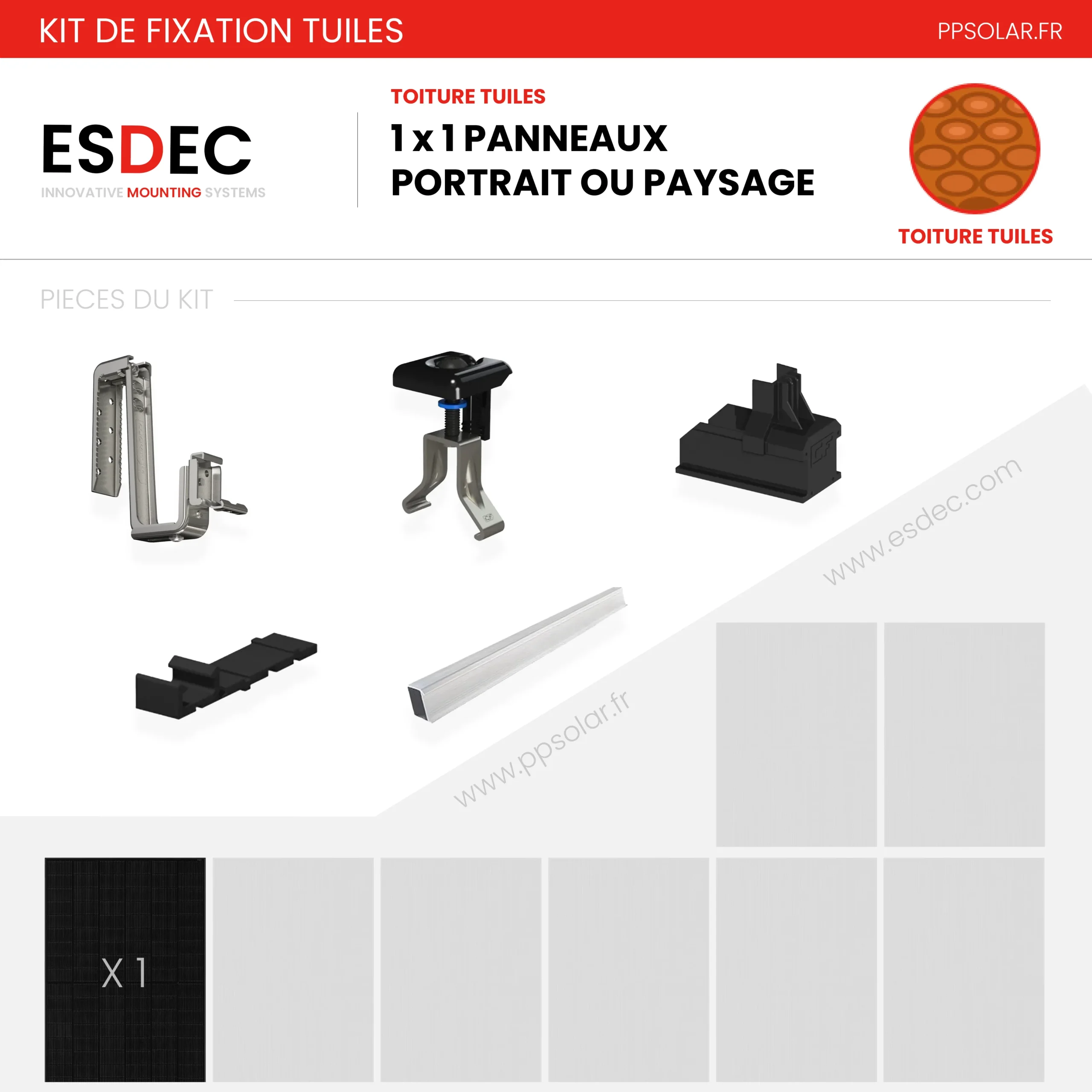Kit de fixation tuiles – ESDEC – 1 X 1 panneau en portrait ou paysage