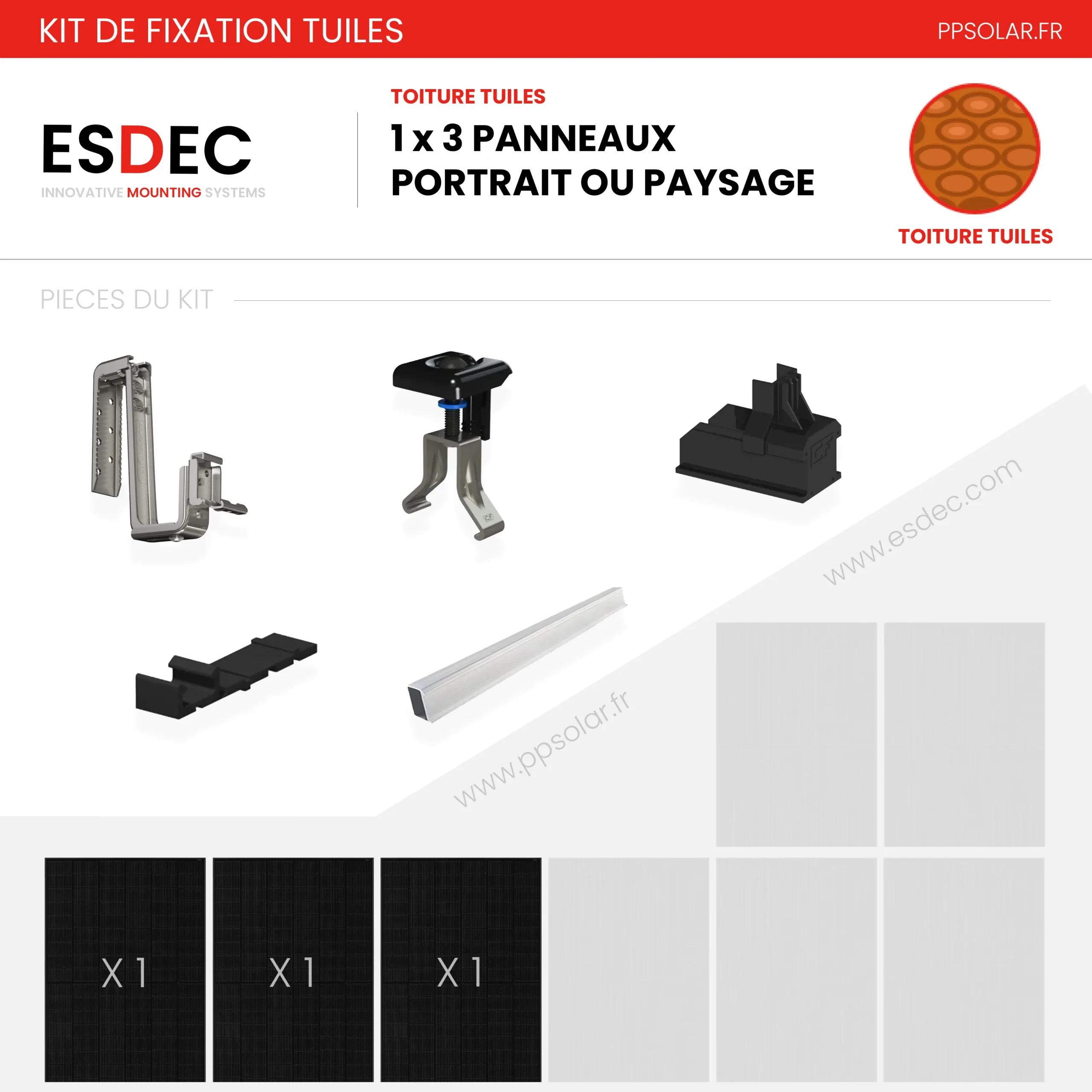 Kit de fixation tuiles – ESDEC – 1 X 3 panneau en portrait ou paysage