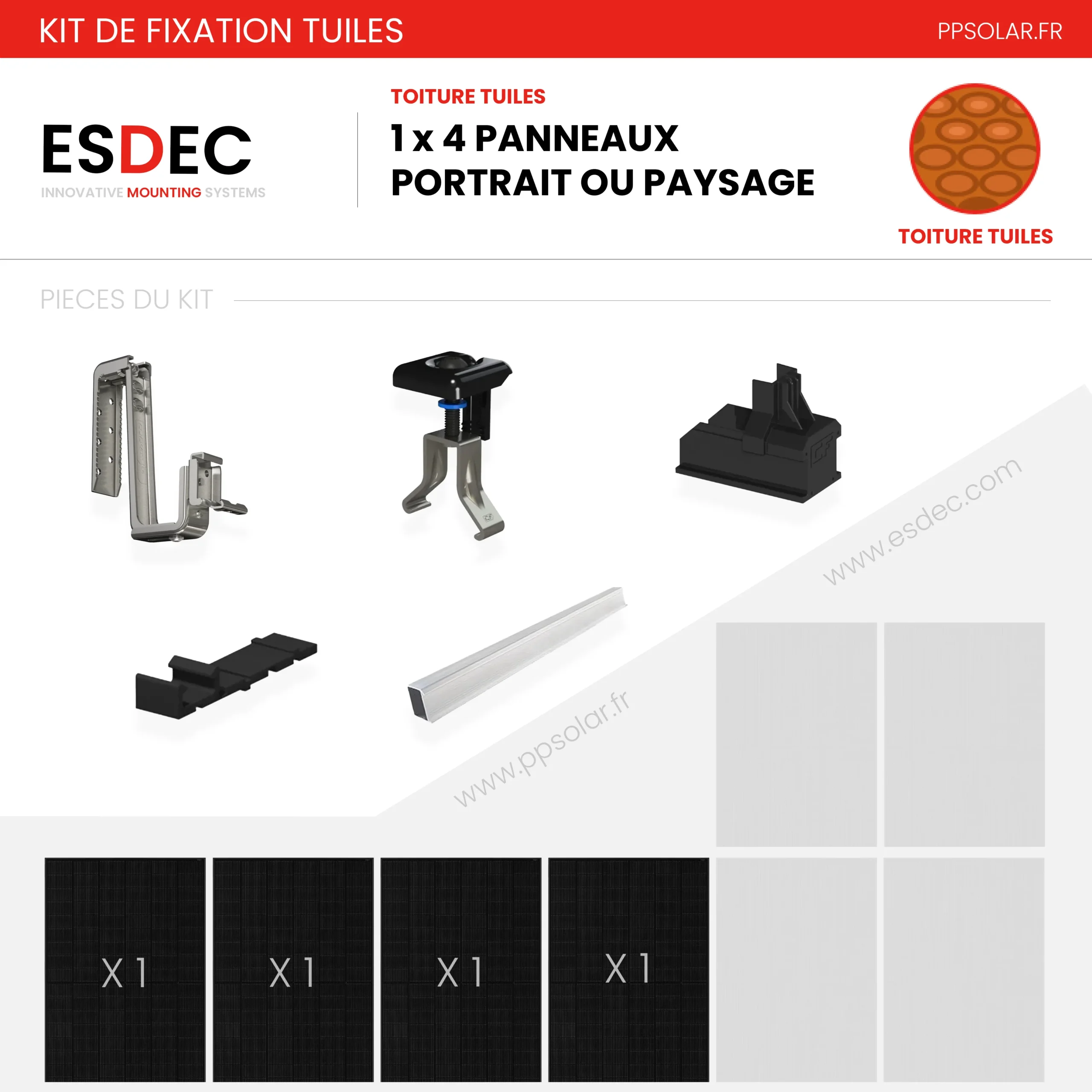 Kit de fixation tuiles – ESDEC – 1 X 4 panneau en portrait ou paysage
