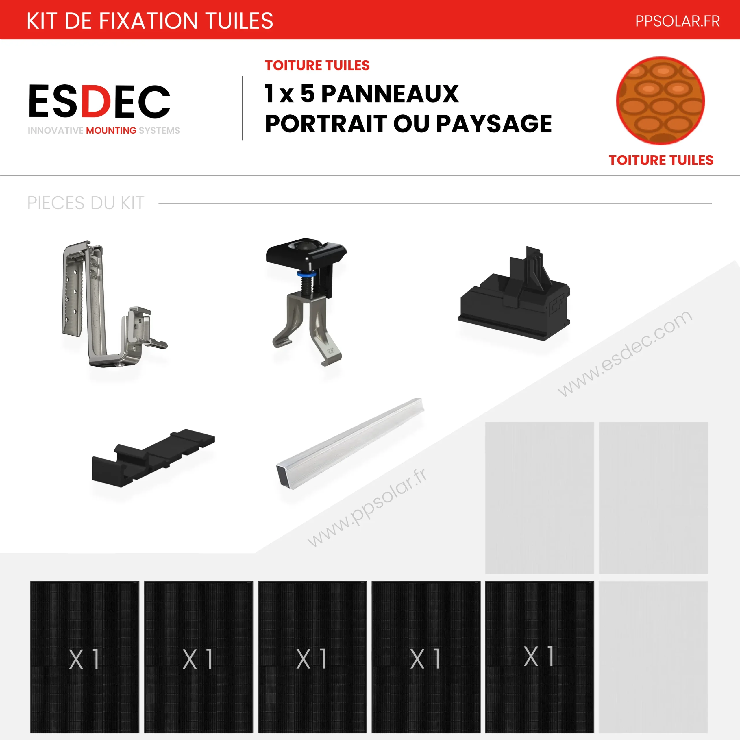 Kit de fixation tuiles – ESDEC – 1 X 5 panneau en portrait ou paysage