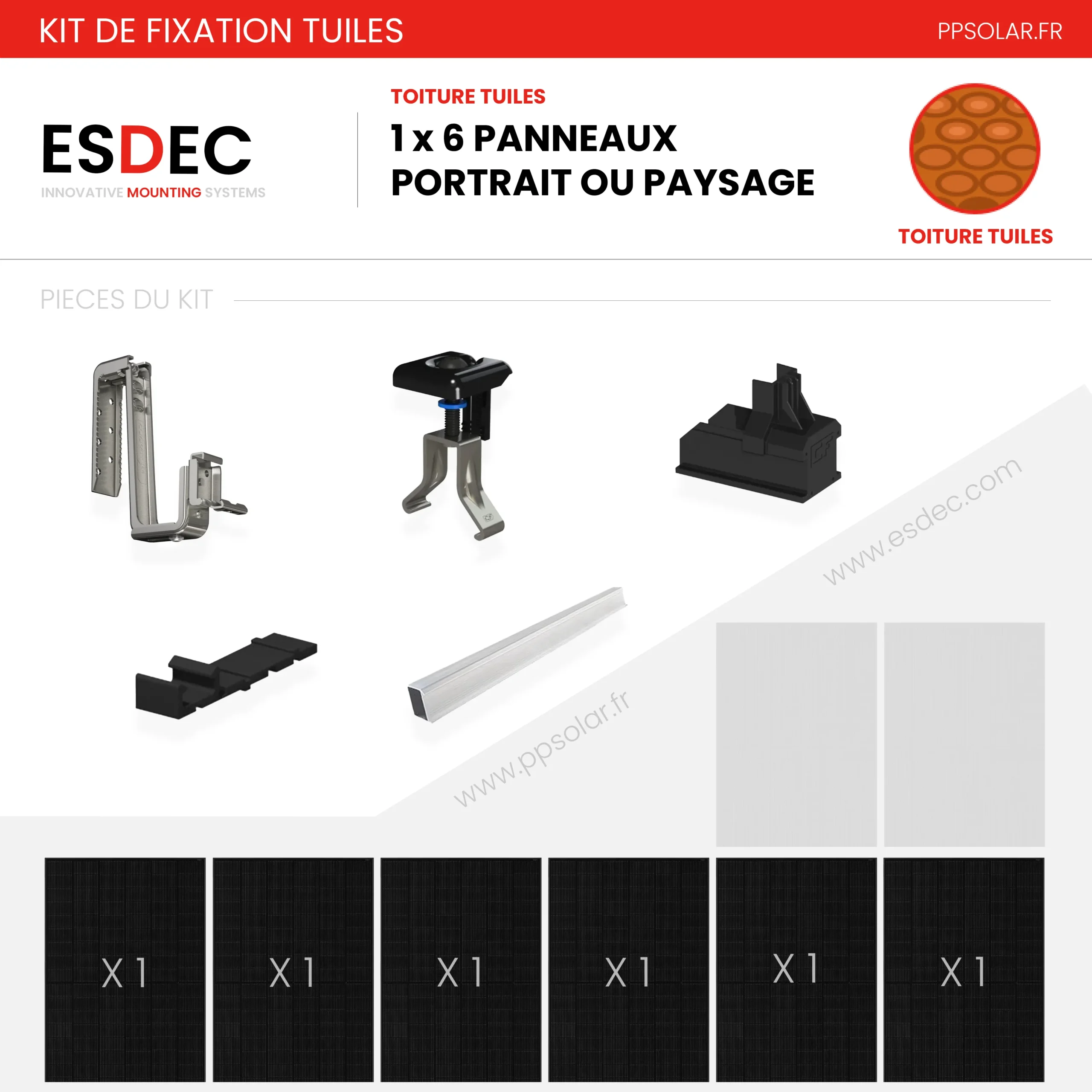 Kit de fixation tuiles – ESDEC – 1 X 6 panneau en portrait ou paysage